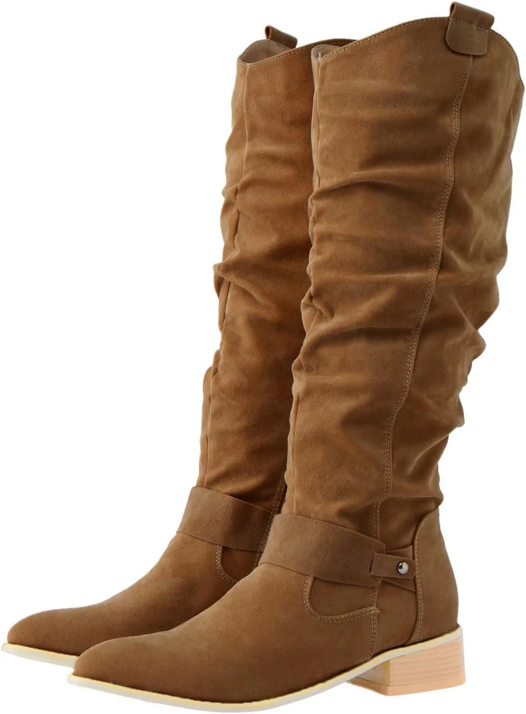 Ankle Boots For Women Retro Solid Color Thigh High Boots Pleated Suede Chunky Heeled Knee High Cowgirl Boots