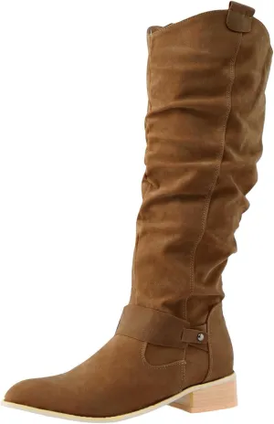 Ankle Boots For Women Retro Solid Color Thigh High Boots Pleated Suede Chunky Heeled Knee High Cowgirl Boots