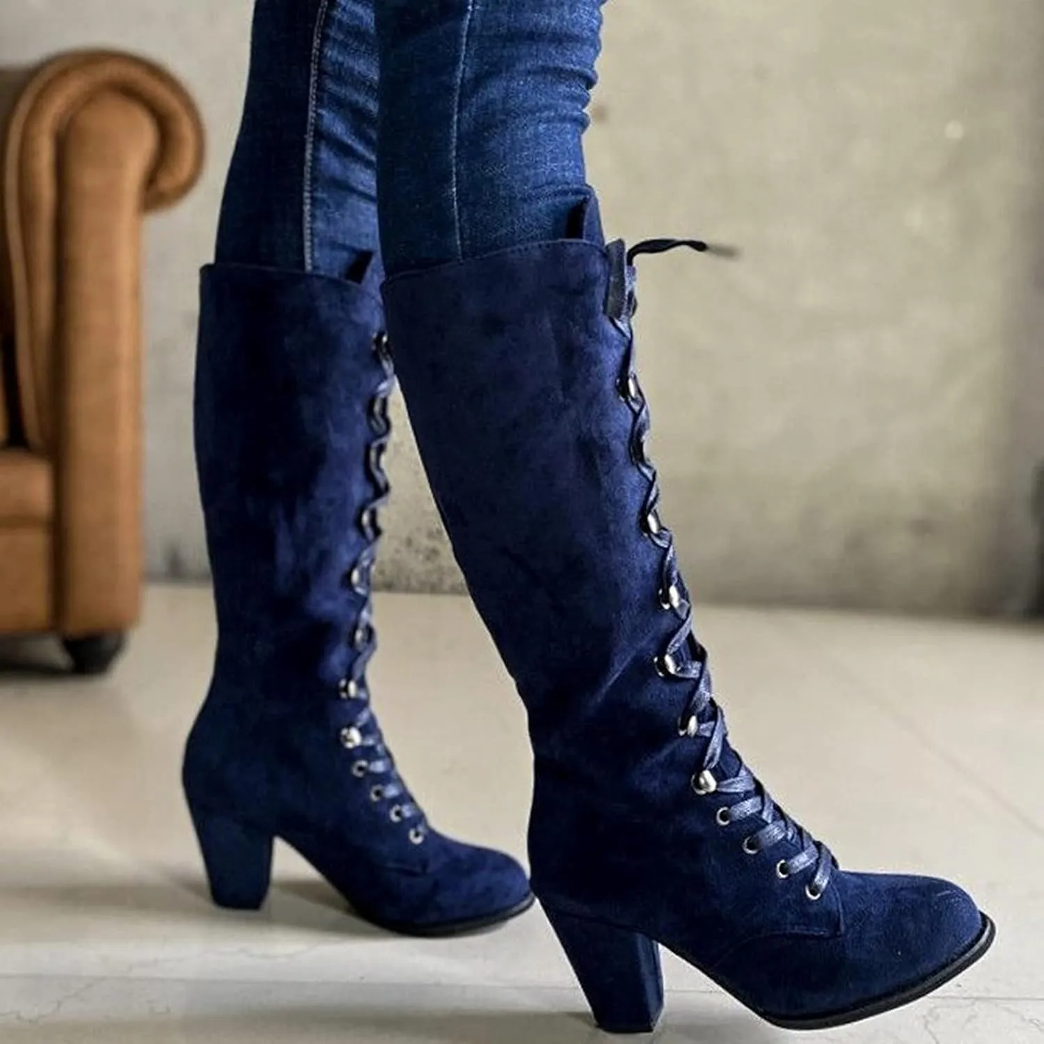 Ankle Boots For Women Retro Vintage Lace-Up Thigh High Boots Suede Low Chunky Heels Knee High Long Boots