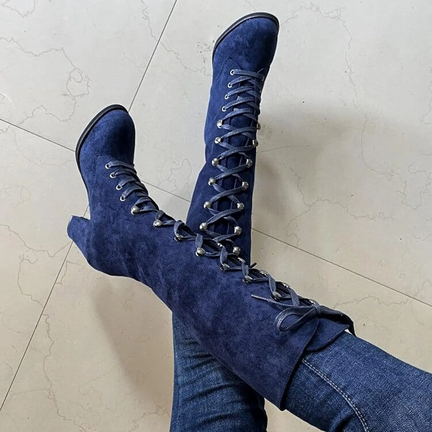 Ankle Boots For Women Retro Vintage Lace-Up Thigh High Boots Suede Low Chunky Heels Knee High Long Boots