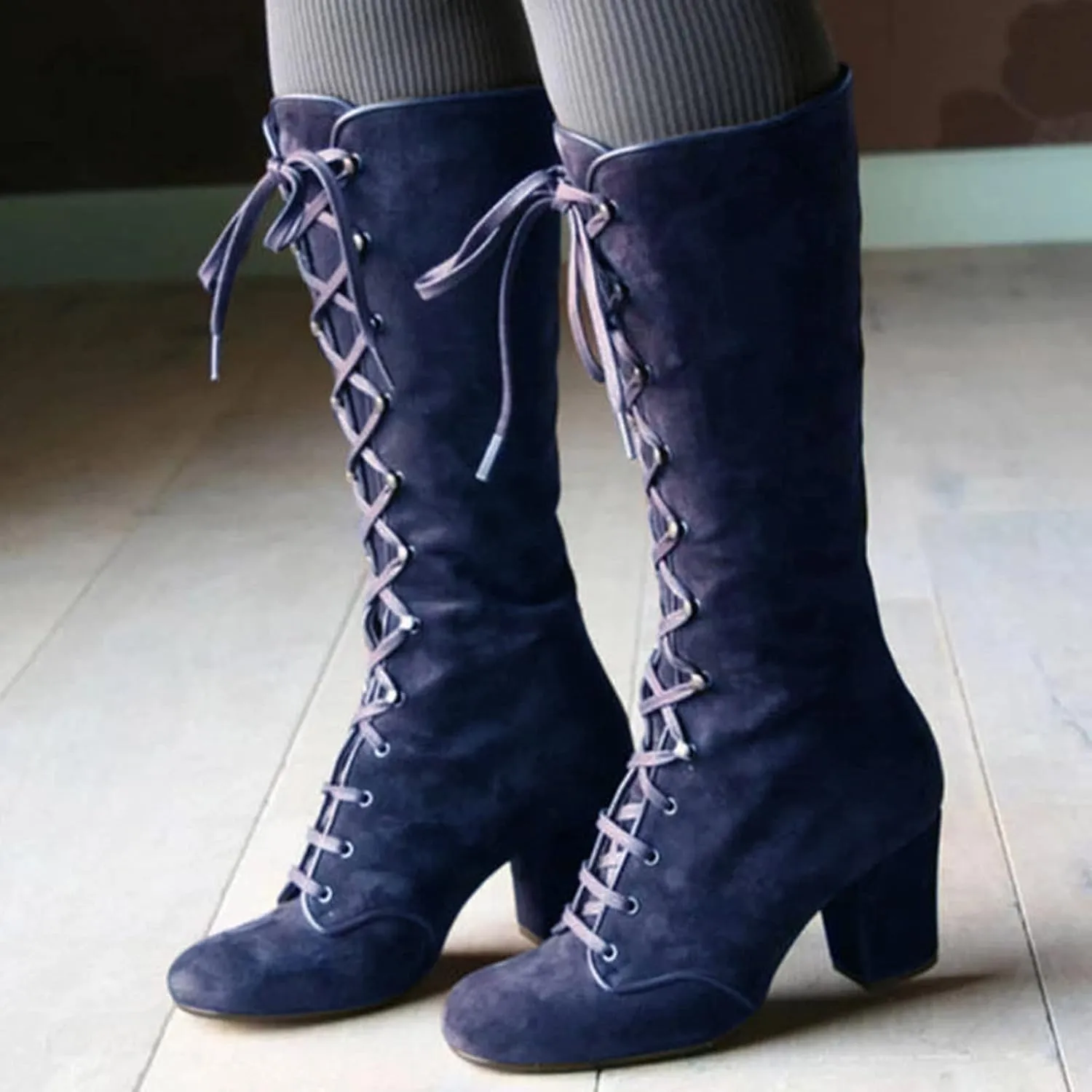 Ankle Boots For Women Retro Vintage Lace-Up Thigh High Boots Suede Low Chunky Heels Knee High Long Boots