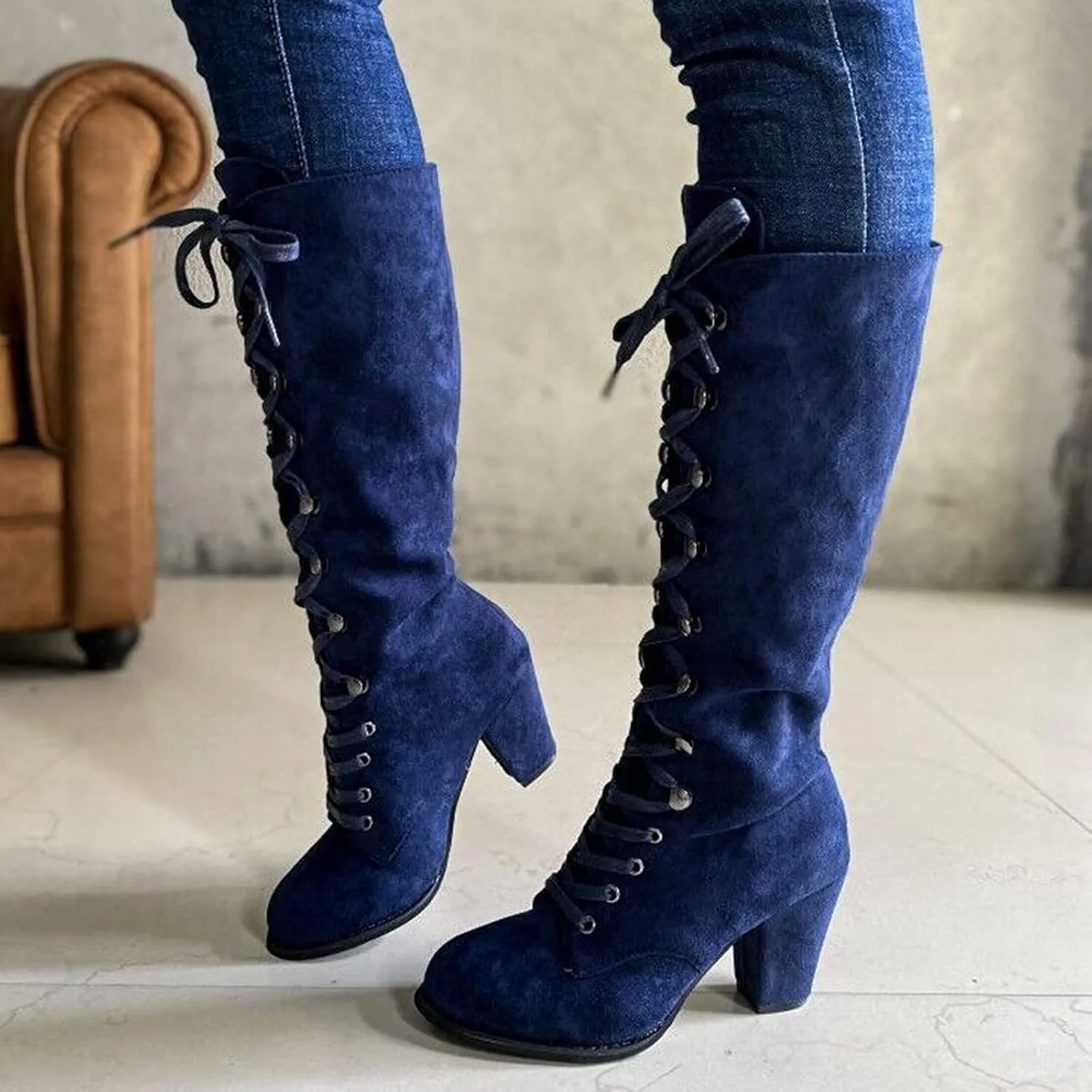 Ankle Boots For Women Retro Vintage Lace-Up Thigh High Boots Suede Low Chunky Heels Knee High Long Boots
