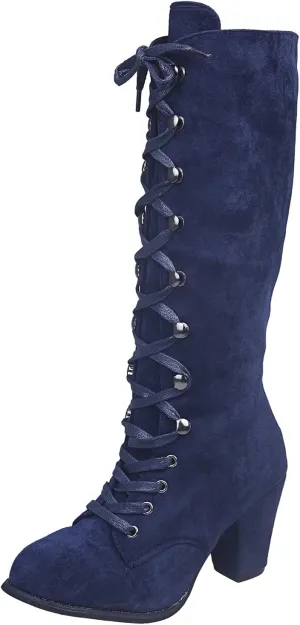 Ankle Boots For Women Retro Vintage Lace-Up Thigh High Boots Suede Low Chunky Heels Knee High Long Boots