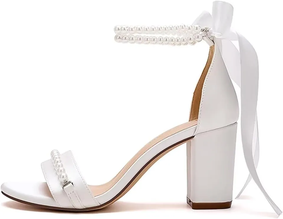 Block Heel Wedding Sandals Pearl Wedding Shoes for Bride Open Toe Bridal Shoes Chunky Heel Sandals