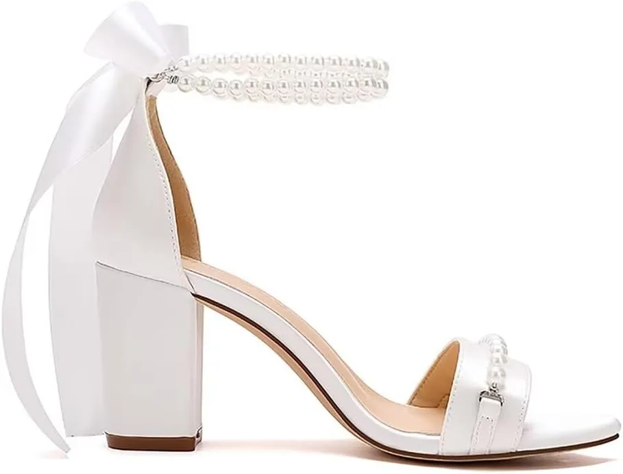 Block Heel Wedding Sandals Pearl Wedding Shoes for Bride Open Toe Bridal Shoes Chunky Heel Sandals