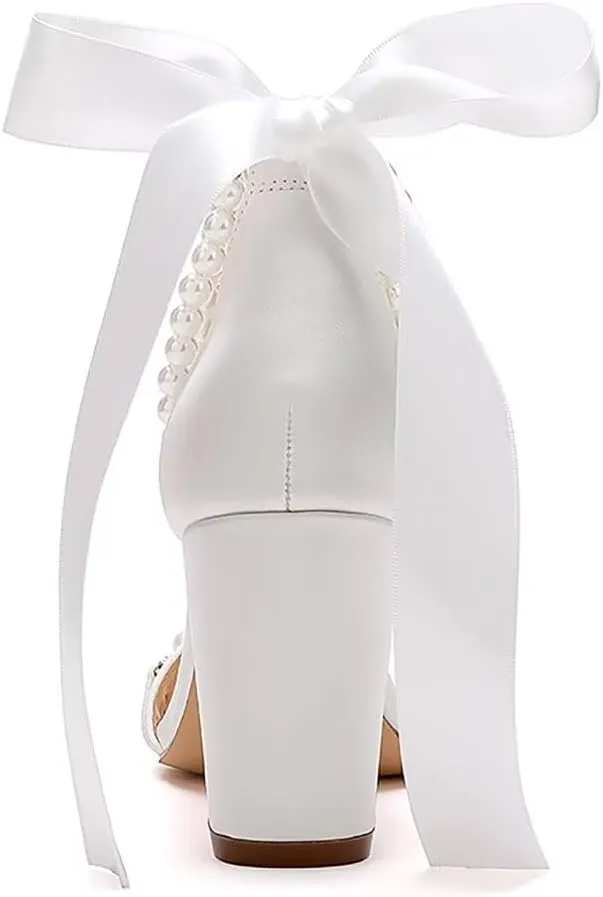 Block Heel Wedding Sandals Pearl Wedding Shoes for Bride Open Toe Bridal Shoes Chunky Heel Sandals