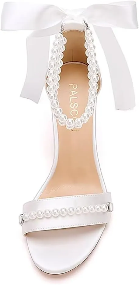 Block Heel Wedding Sandals Pearl Wedding Shoes for Bride Open Toe Bridal Shoes Chunky Heel Sandals