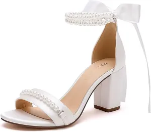 Block Heel Wedding Sandals Pearl Wedding Shoes for Bride Open Toe Bridal Shoes Chunky Heel Sandals