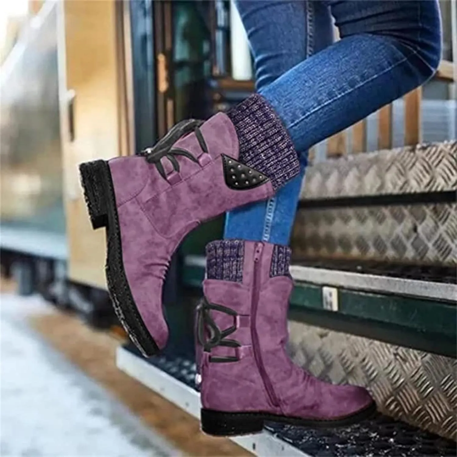 Boots For Women Wide Calf Winter Mid Calf Military Combat Boots Side Zipper Low Heel Biker Motorcycle Riding Dress Boots