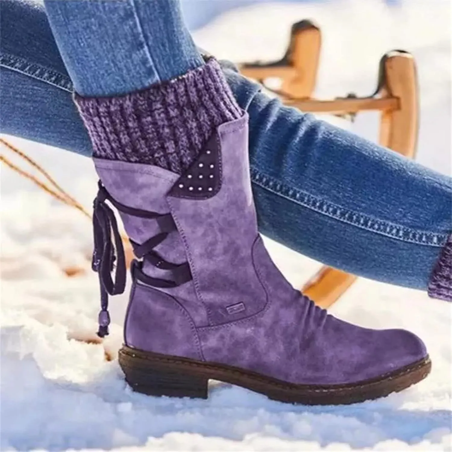 Boots For Women Wide Calf Winter Mid Calf Military Combat Boots Side Zipper Low Heel Biker Motorcycle Riding Dress Boots