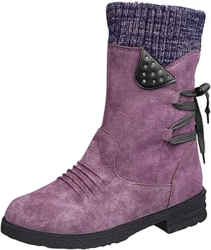 Boots For Women Wide Calf Winter Mid Calf Military Combat Boots Side Zipper Low Heel Biker Motorcycle Riding Dress Boots
