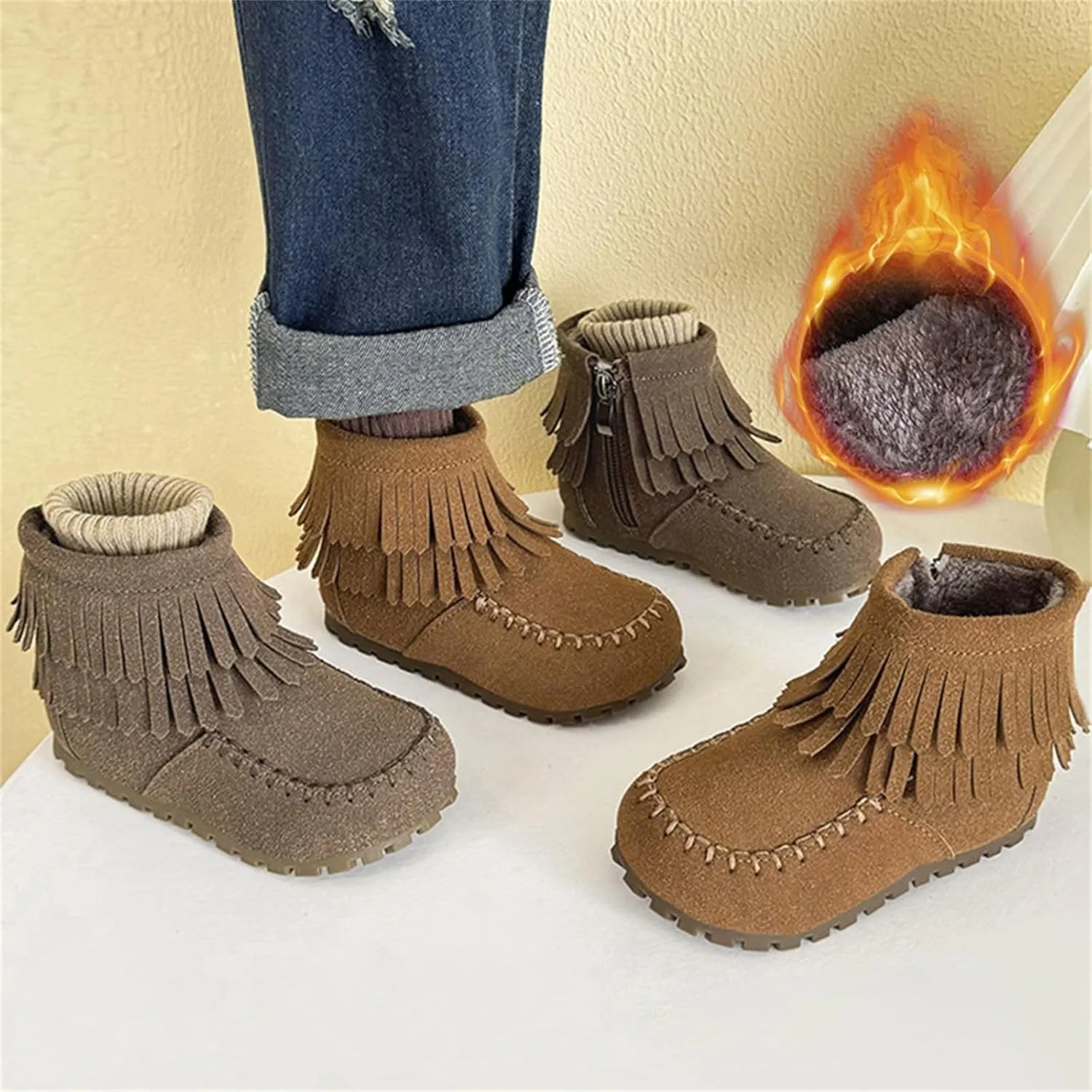 Little Girls Tassel Suede Ankle Boots Side Zipper Short Booties Winter Soft Non Slip Sole Snow Shoes 2024 Trendy