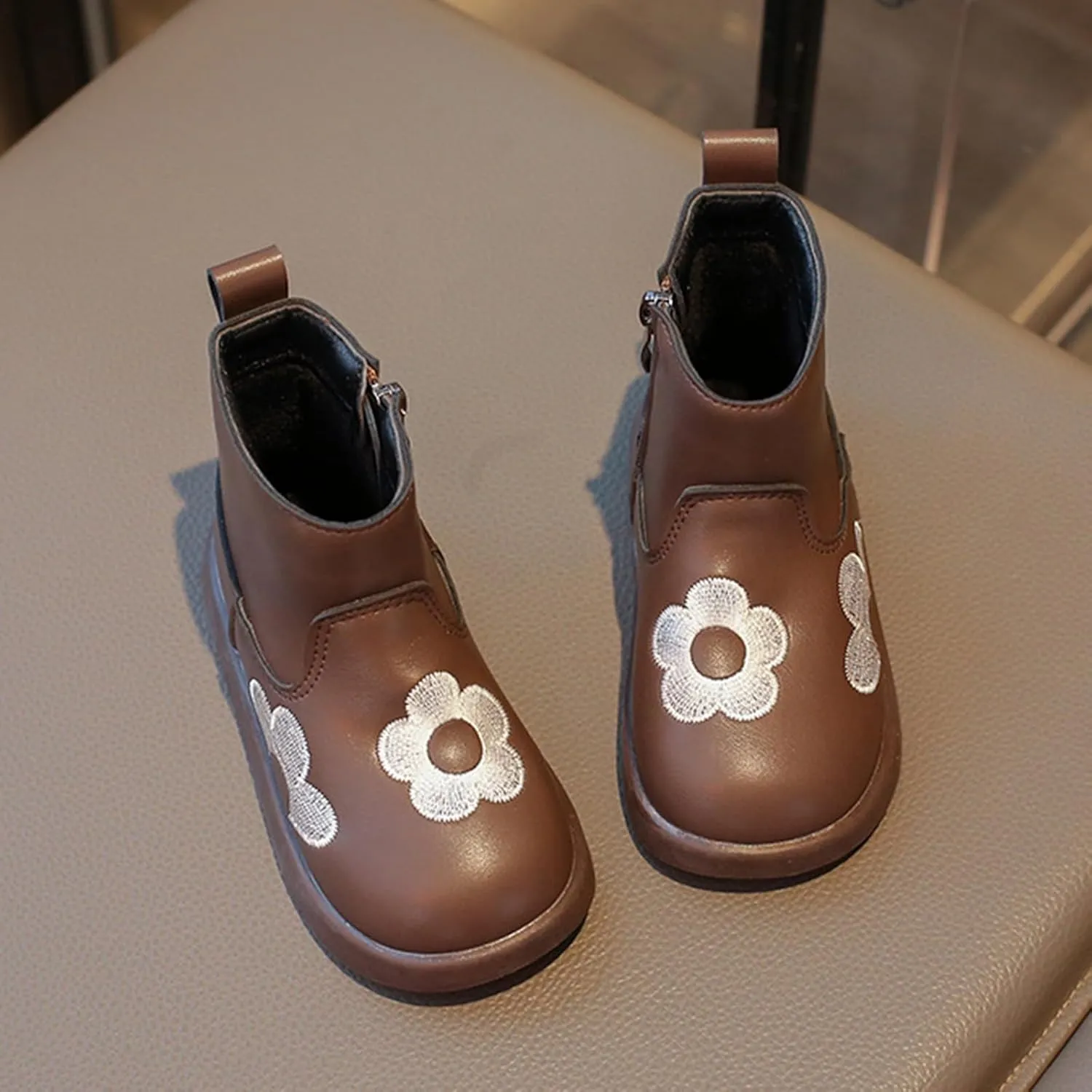 Toddler/Little Kid Girls Short Ankle Boots Flower Embroidery Side Zipper Dress Booties Casual Work Boots for Teen Girls