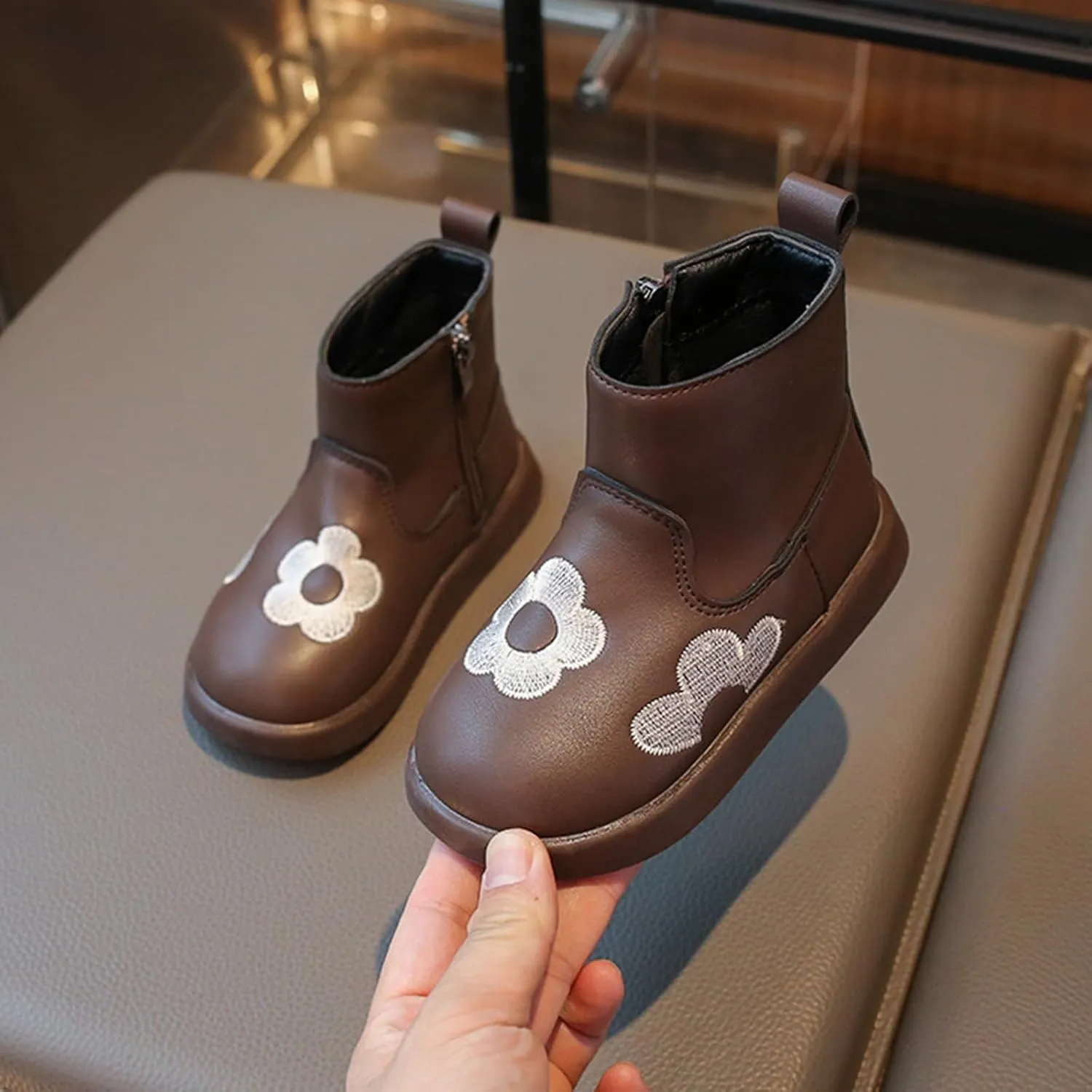 Toddler/Little Kid Girls Short Ankle Boots Flower Embroidery Side Zipper Dress Booties Casual Work Boots for Teen Girls