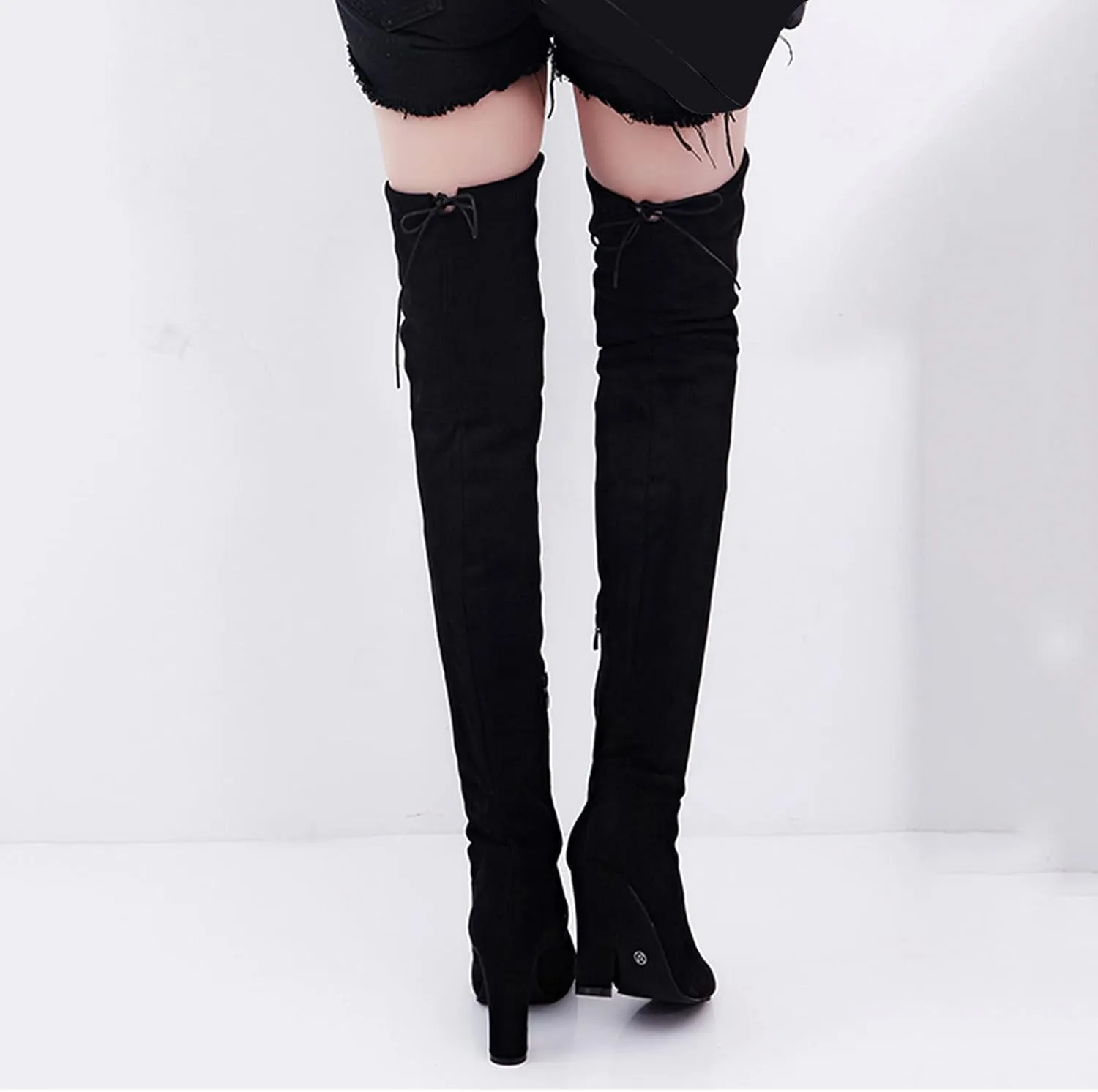 White Cowgirl Boots High Chunky Heeled Over Knee Boots Zipper Pointed Suede Thigh High Boots Long Bootie