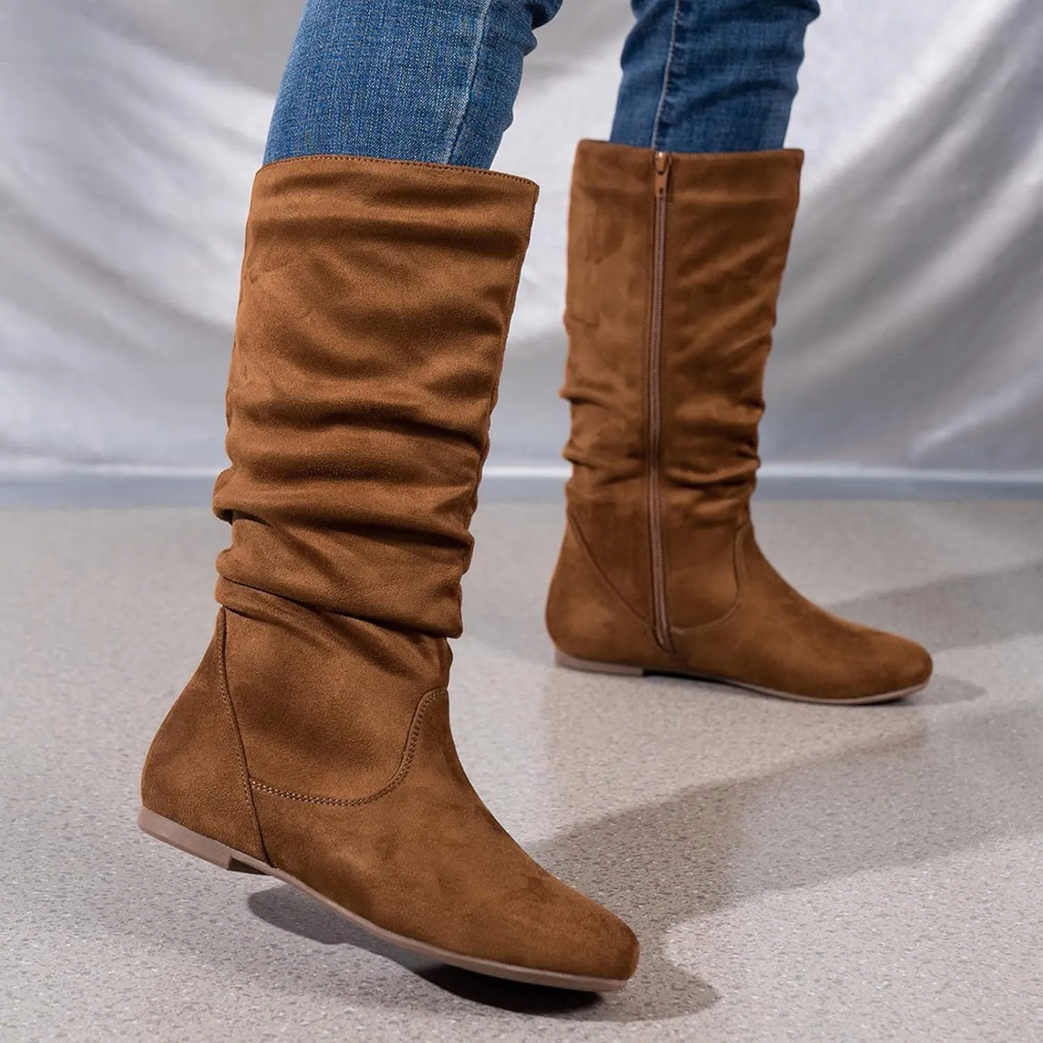 Winter Boots For Women Retro Side Zipper Flats Thigh High Boots Pleated Suede Knee High Boots Fall Long Bootie