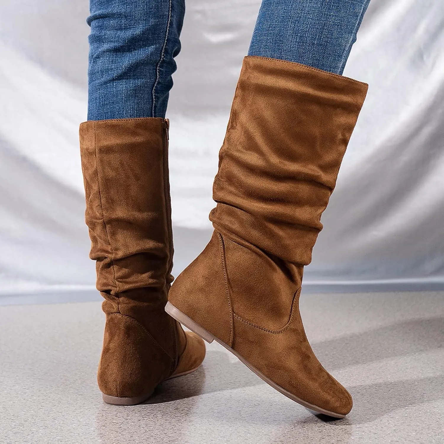 Winter Boots For Women Retro Side Zipper Flats Thigh High Boots Pleated Suede Knee High Boots Fall Long Bootie