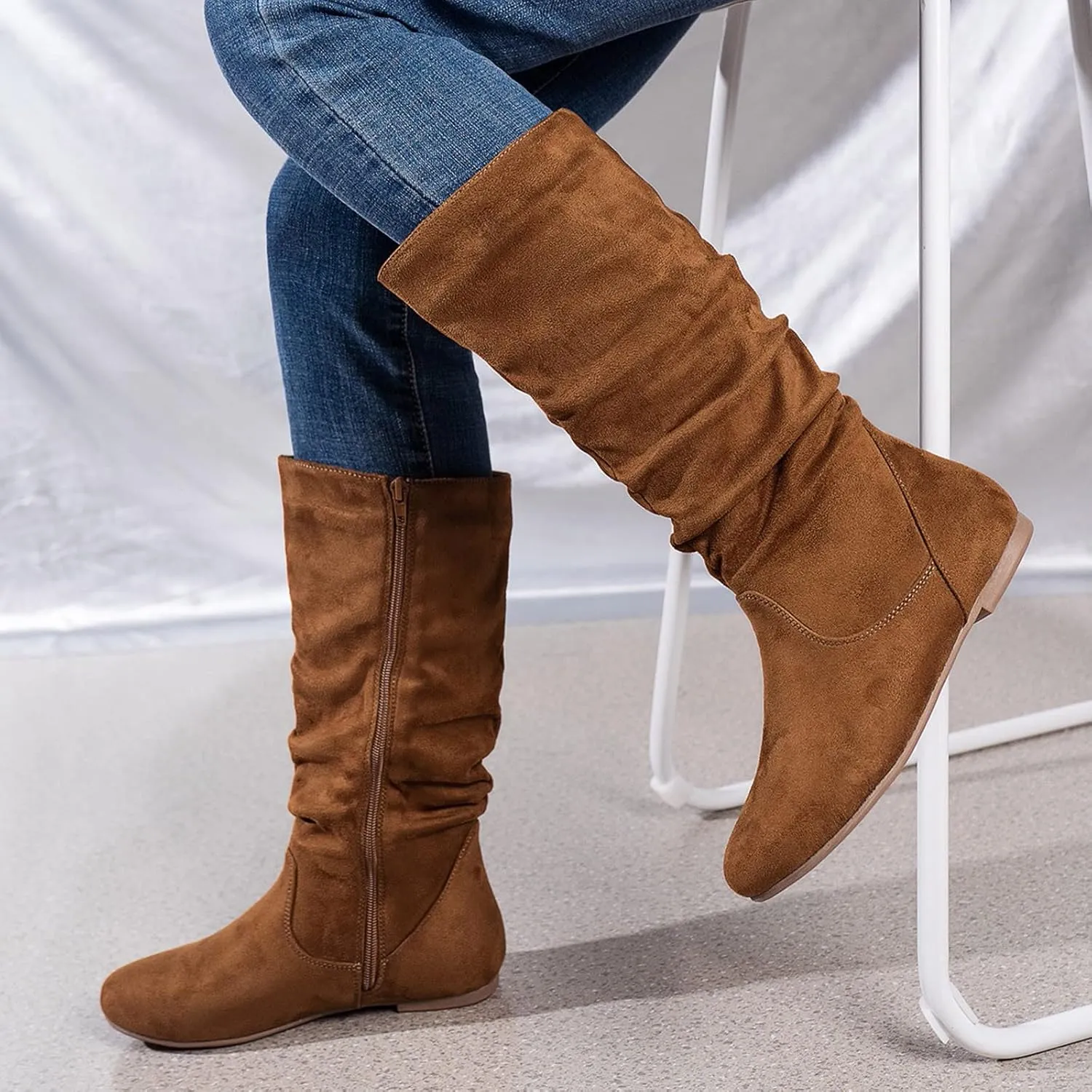 Winter Boots For Women Retro Side Zipper Flats Thigh High Boots Pleated Suede Knee High Boots Fall Long Bootie