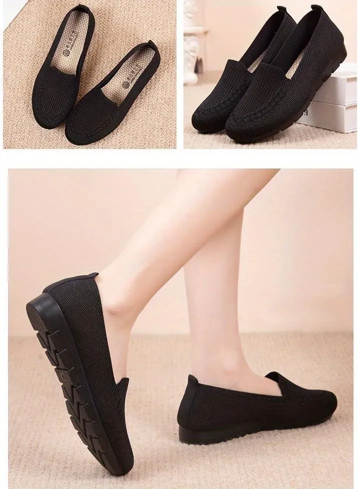 Women's Trendy Solid Color Mesh Breathable Loafers Shoes, Flat Slip On Comfortable Flying Woven Shoes, Casual Versatile Wear Resistance Walking Shoes Mama Shoes