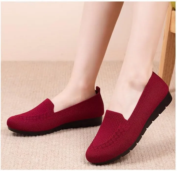 Women's Trendy Solid Color Mesh Breathable Loafers Shoes, Flat Slip On Comfortable Flying Woven Shoes, Casual Versatile Wear Resistance Walking Shoes Mama Shoes