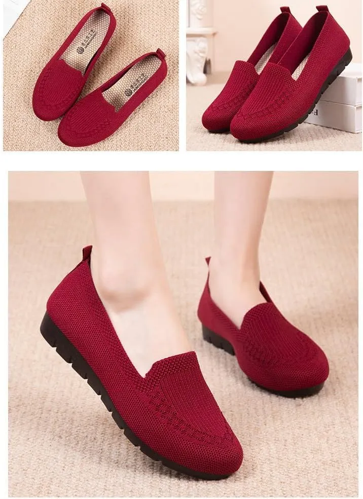 Women's Trendy Solid Color Mesh Breathable Loafers Shoes, Flat Slip On Comfortable Flying Woven Shoes, Casual Versatile Wear Resistance Walking Shoes Mama Shoes