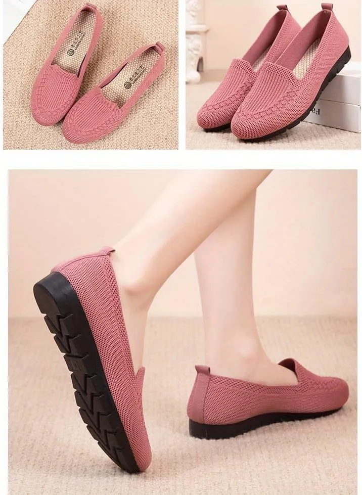 Women's Trendy Solid Color Mesh Breathable Loafers Shoes, Flat Slip On Comfortable Flying Woven Shoes, Casual Versatile Wear Resistance Walking Shoes Mama Shoes