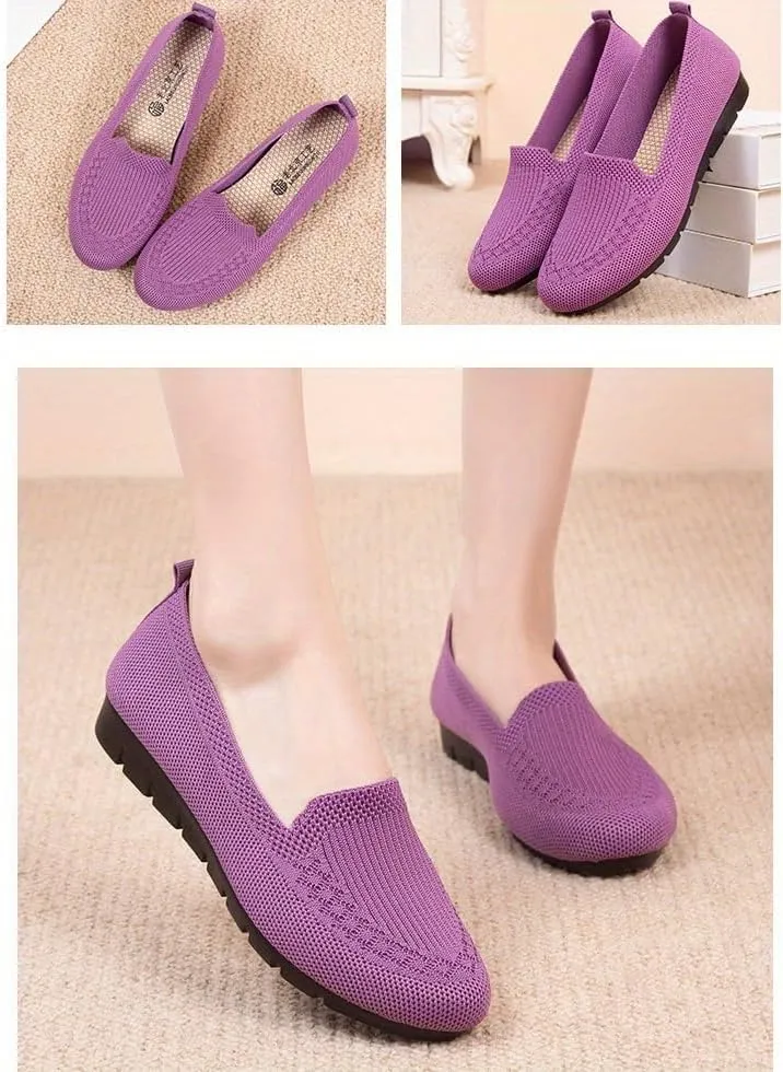 Women's Trendy Solid Color Mesh Breathable Loafers Shoes, Flat Slip On Comfortable Flying Woven Shoes, Casual Versatile Wear Resistance Walking Shoes Mama Shoes